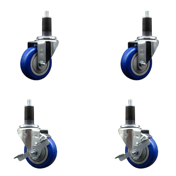 Service Caster 3.5'' SS Blue Poly Wheel Swivel 1-1/4'' Expanding Stem Caster Set 2 Brakes, 4PK SCC-SSEX20S3514-PPUB-BLU-2-TLB-2-114 - main